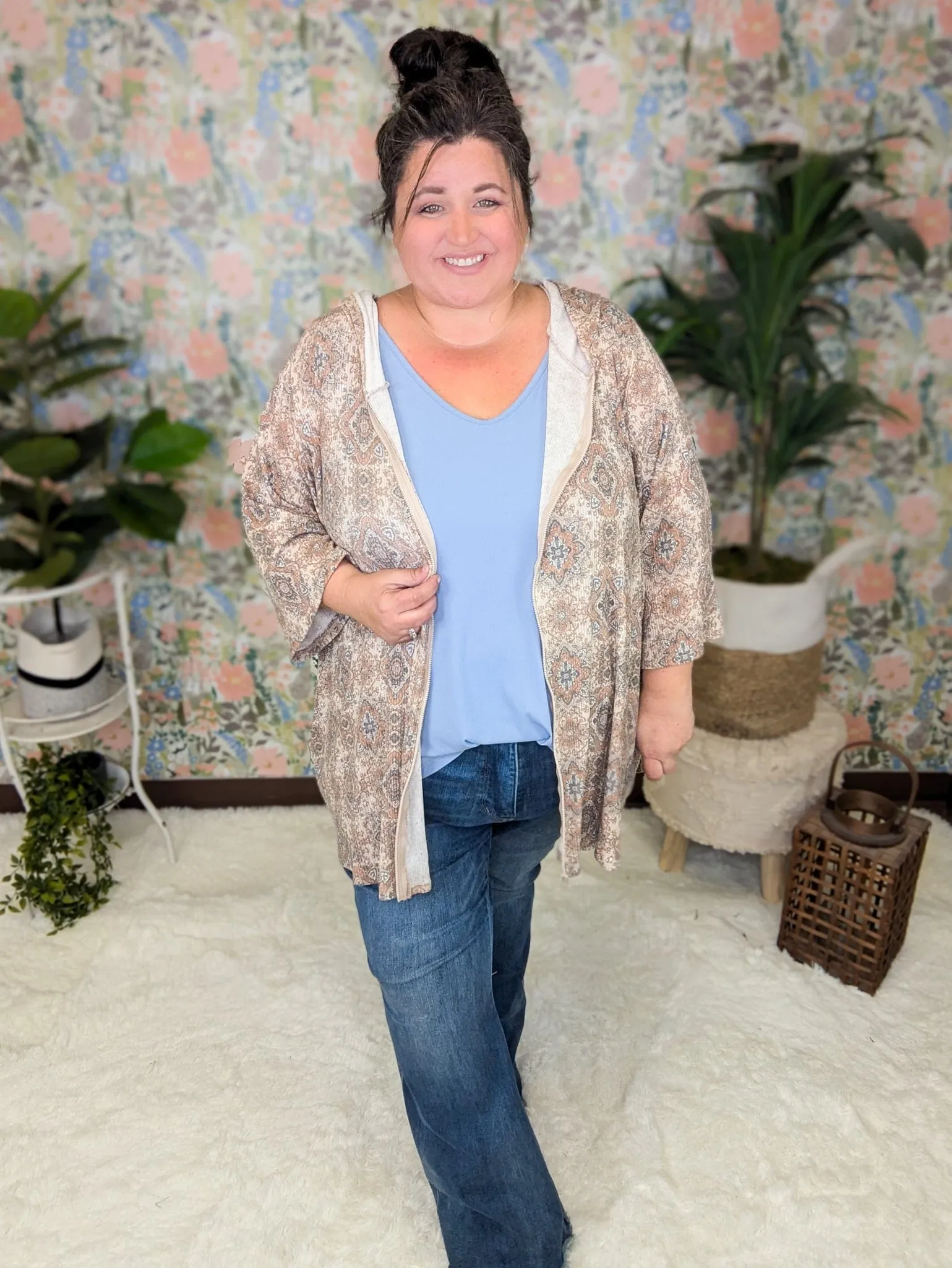 SALE- Adrianna Lightweight Zipup Hoodie in Neutral Damask