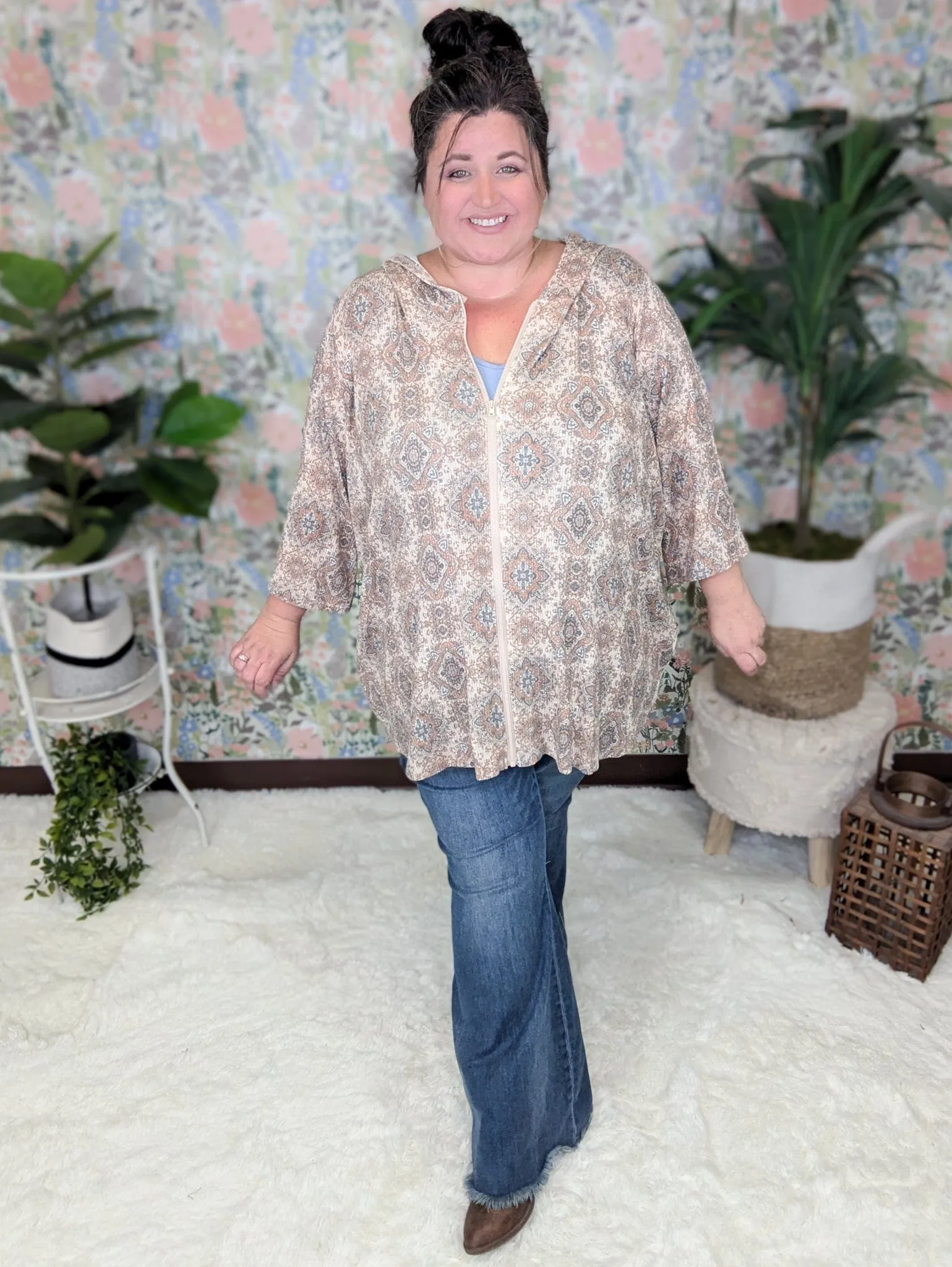 SALE- Adrianna Lightweight Zipup Hoodie in Neutral Damask
