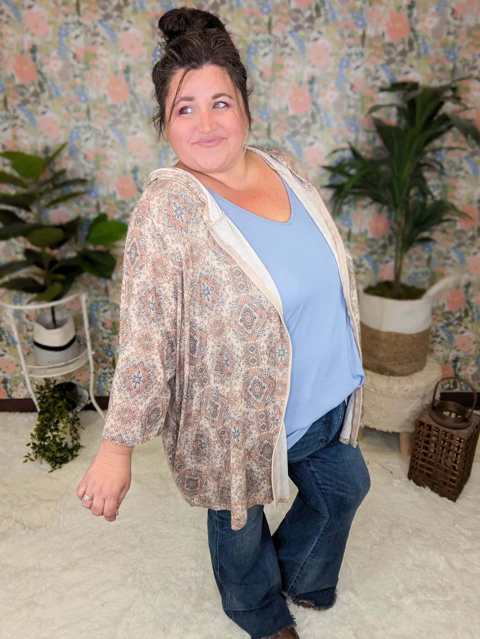 SALE- Adrianna Lightweight Zipup Hoodie in Neutral Damask