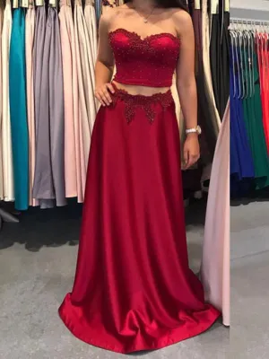 Sexy Two Piece A-Line Sweetheart Burgundy Long Prom/Evening Dress With Appliques