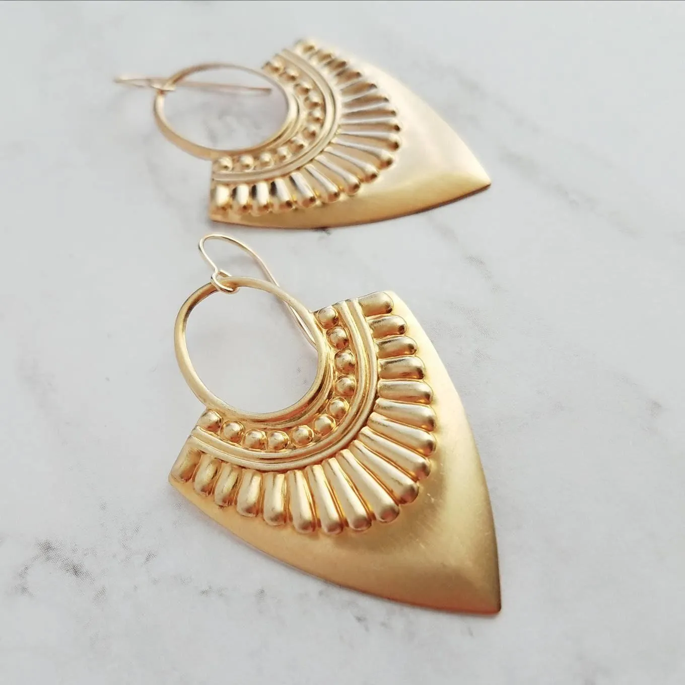 Shield Earrings - 14k gold fill ear wire hooks w/ raised design tribal spear shape medallions in raw brass - jewelry handmade in Michigan