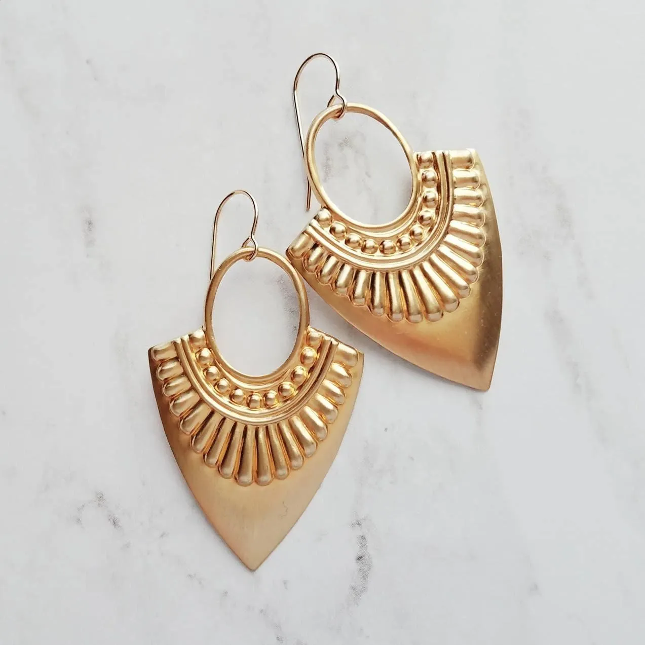 Shield Earrings - 14k gold fill ear wire hooks w/ raised design tribal spear shape medallions in raw brass - jewelry handmade in Michigan