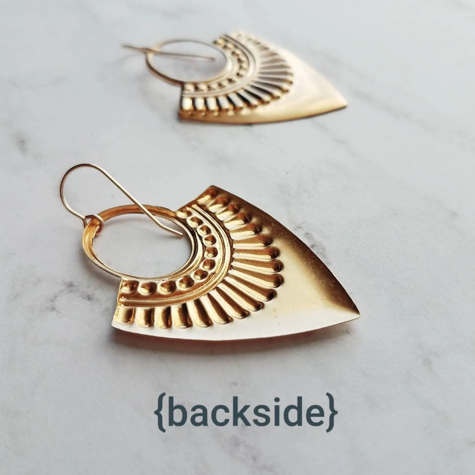 Shield Earrings - 14k gold fill ear wire hooks w/ raised design tribal spear shape medallions in raw brass - jewelry handmade in Michigan