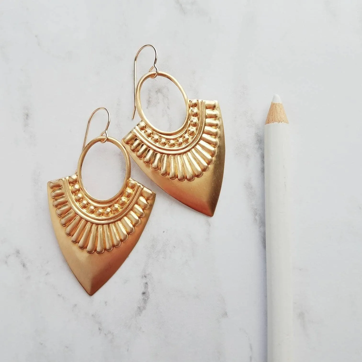 Shield Earrings - 14k gold fill ear wire hooks w/ raised design tribal spear shape medallions in raw brass - jewelry handmade in Michigan