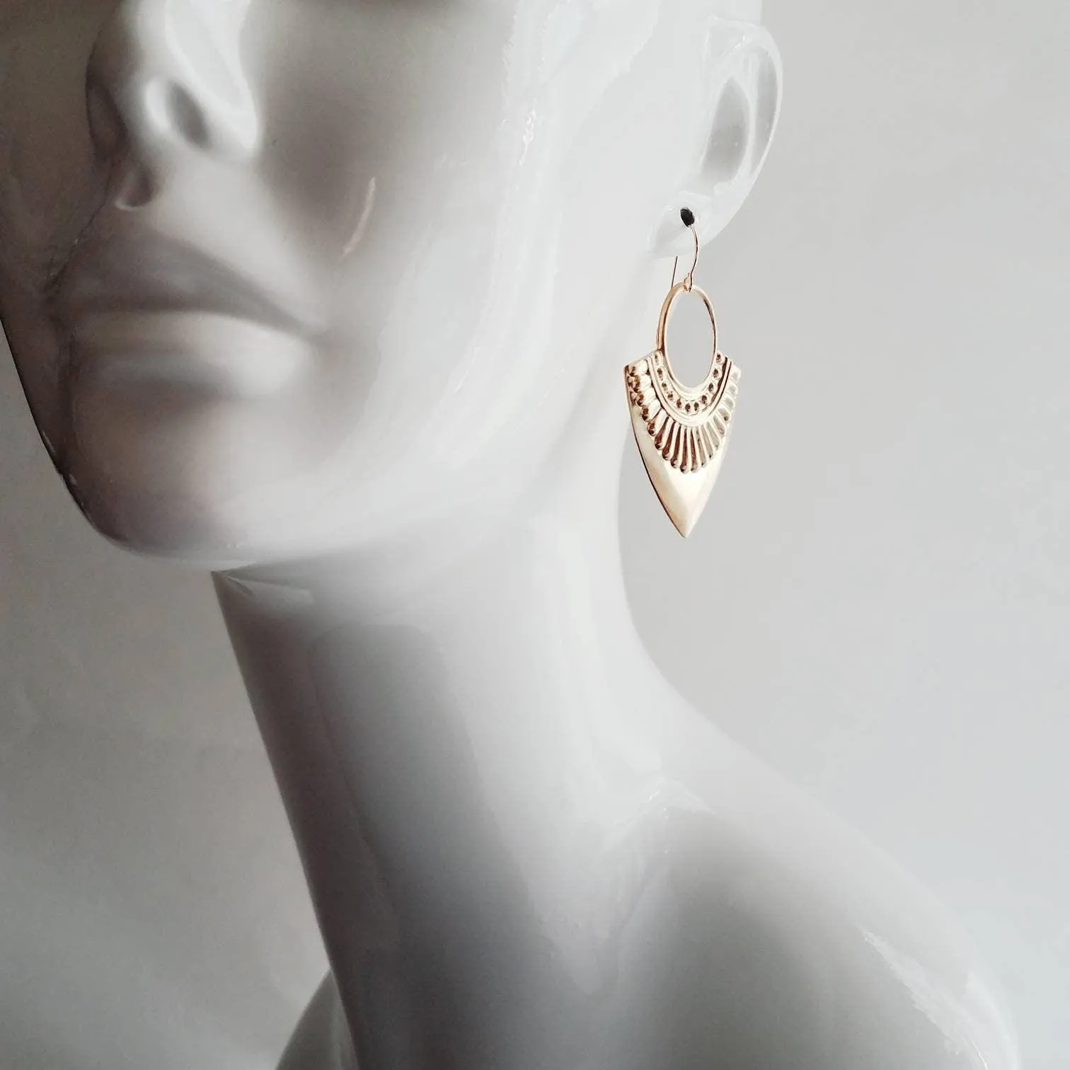 Shield Earrings - 14k gold fill ear wire hooks w/ raised design tribal spear shape medallions in raw brass - jewelry handmade in Michigan