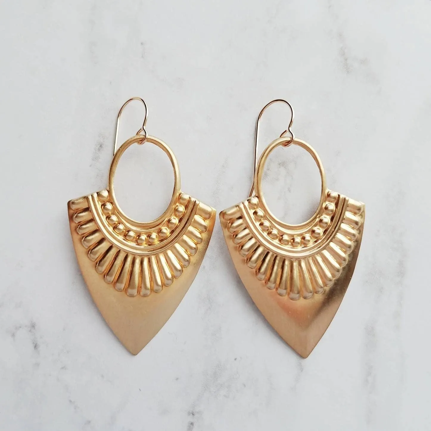 Shield Earrings - 14k gold fill ear wire hooks w/ raised design tribal spear shape medallions in raw brass - jewelry handmade in Michigan
