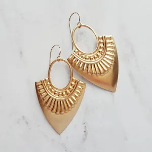 Shield Earrings - 14k gold fill ear wire hooks w/ raised design tribal spear shape medallions in raw brass - jewelry handmade in Michigan