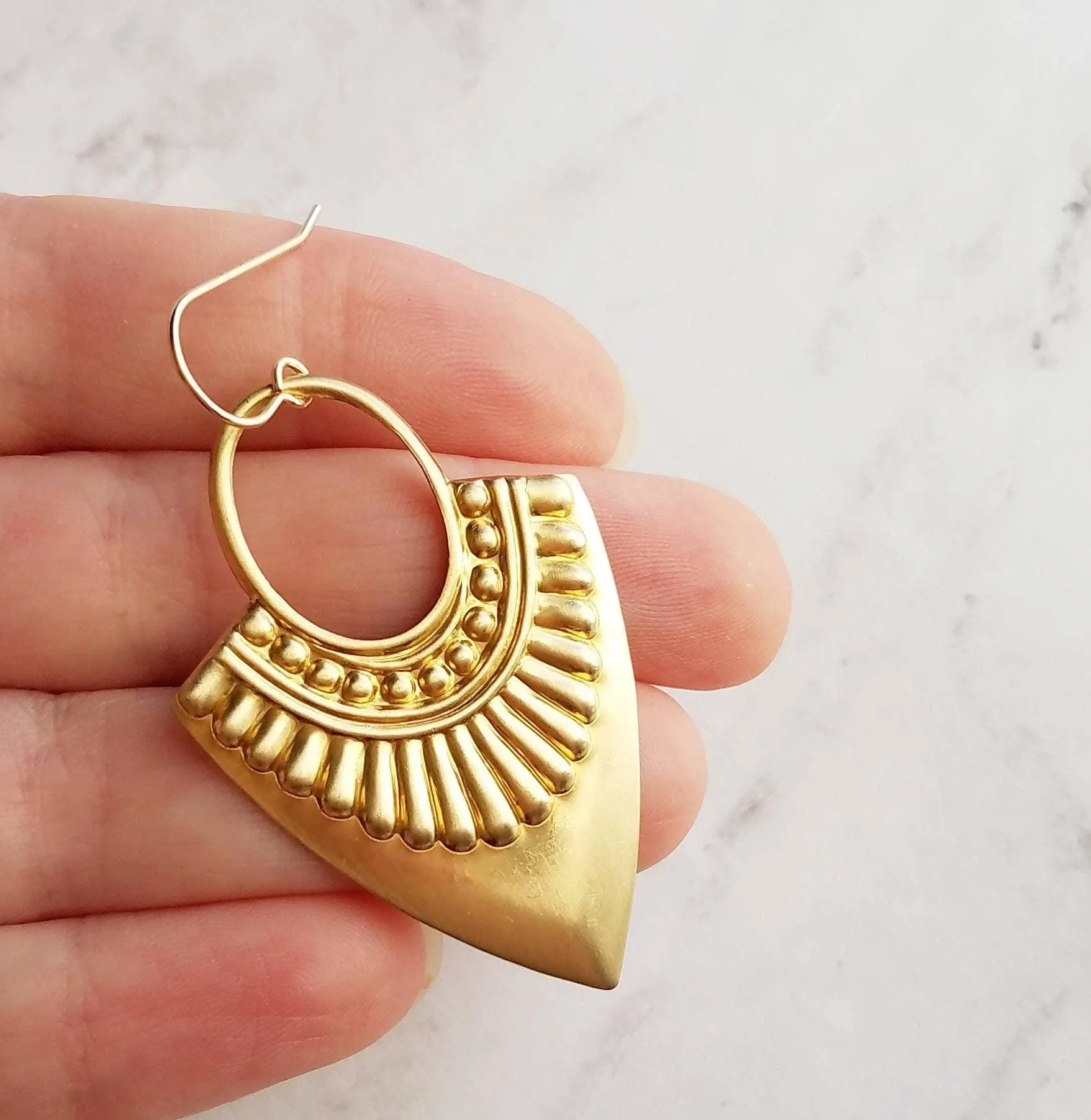 Shield Earrings - 14k gold fill ear wire hooks w/ raised design tribal spear shape medallions in raw brass - jewelry handmade in Michigan