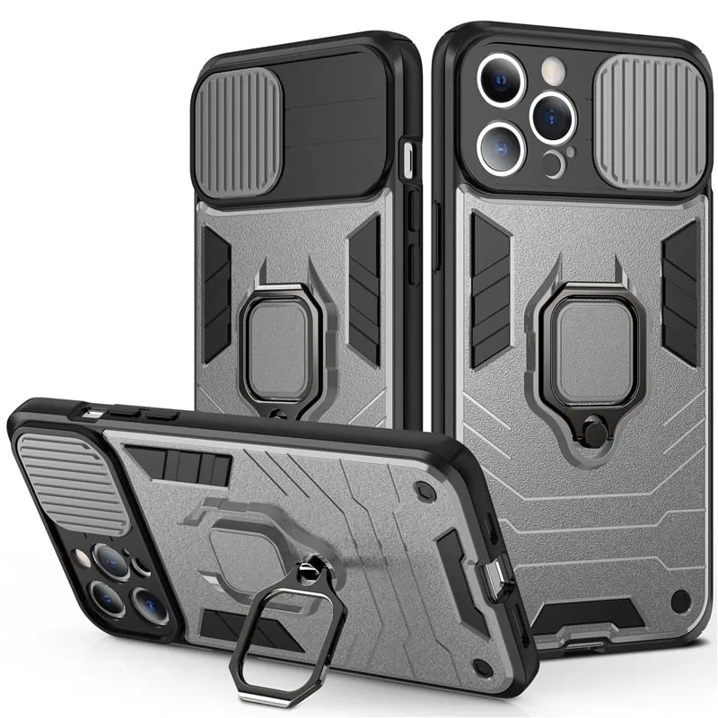 Shockproof Armor Case With Camera Protection Cover And Ring Holder Kickstand For iPhone