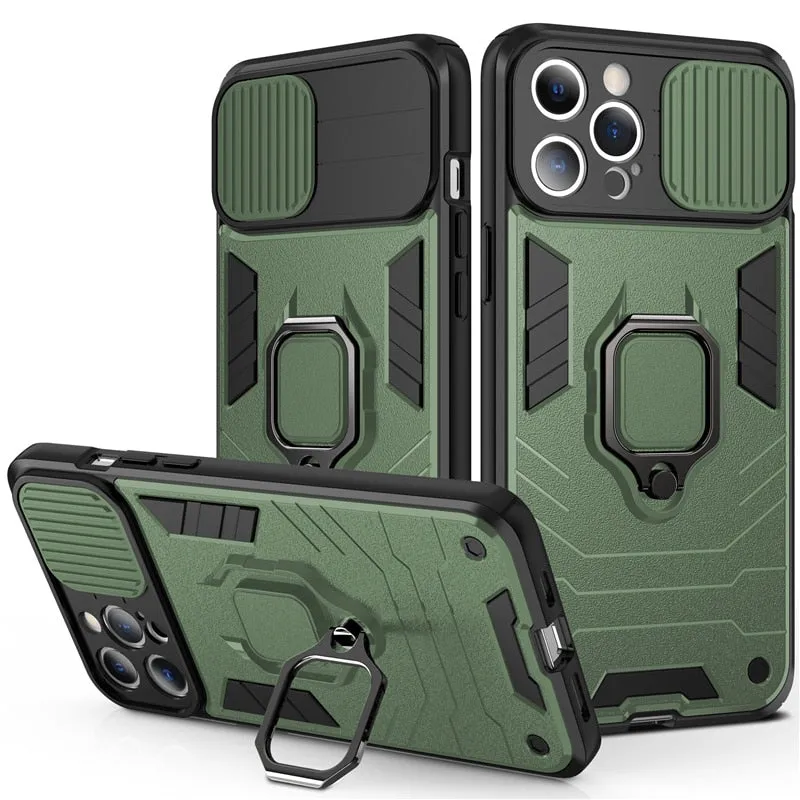 Shockproof Armor Case With Camera Protection Cover And Ring Holder Kickstand For iPhone