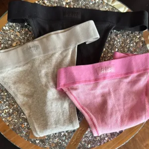 SKIMS Bubblegum, Black and Gray Cotton Ribbed Mid-rise Panties, Everyday Comfort