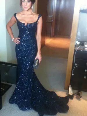 Sleeveless Mermaid Navy Sequin Prom Evening Dress with Sash Mother of Bride Dress Online