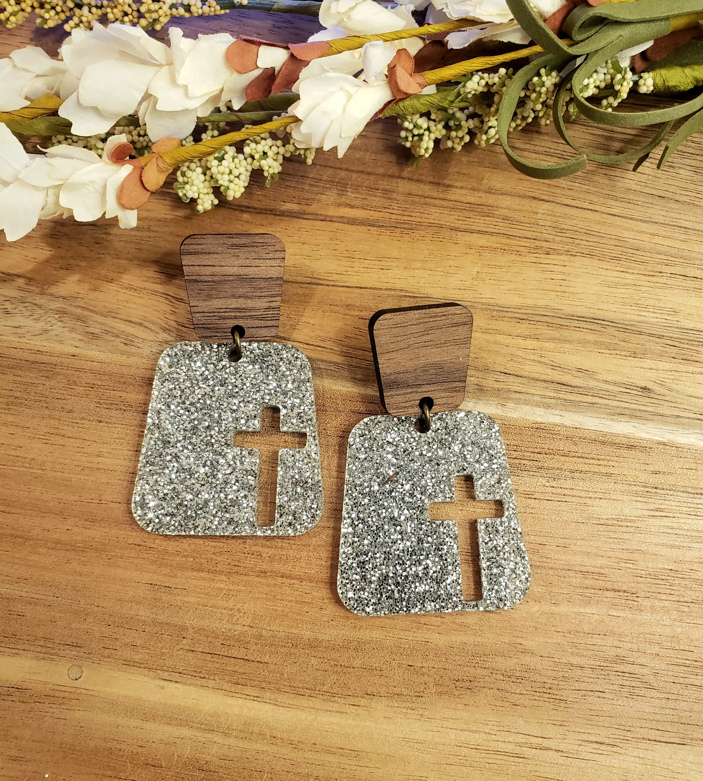 Square Cross Earrings - Silver Glitter