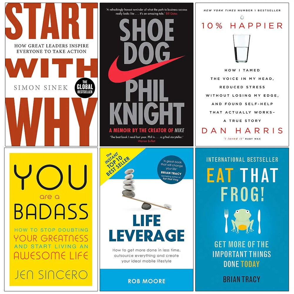 Start With Why, Shoe Dog, 10% Happier, You Are a Badass, Life Leverage, Eat That Frog 6 Books Collection Set