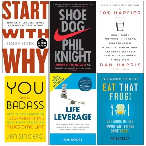 Start With Why, Shoe Dog, 10% Happier, You Are a Badass, Life Leverage, Eat That Frog 6 Books Collection Set