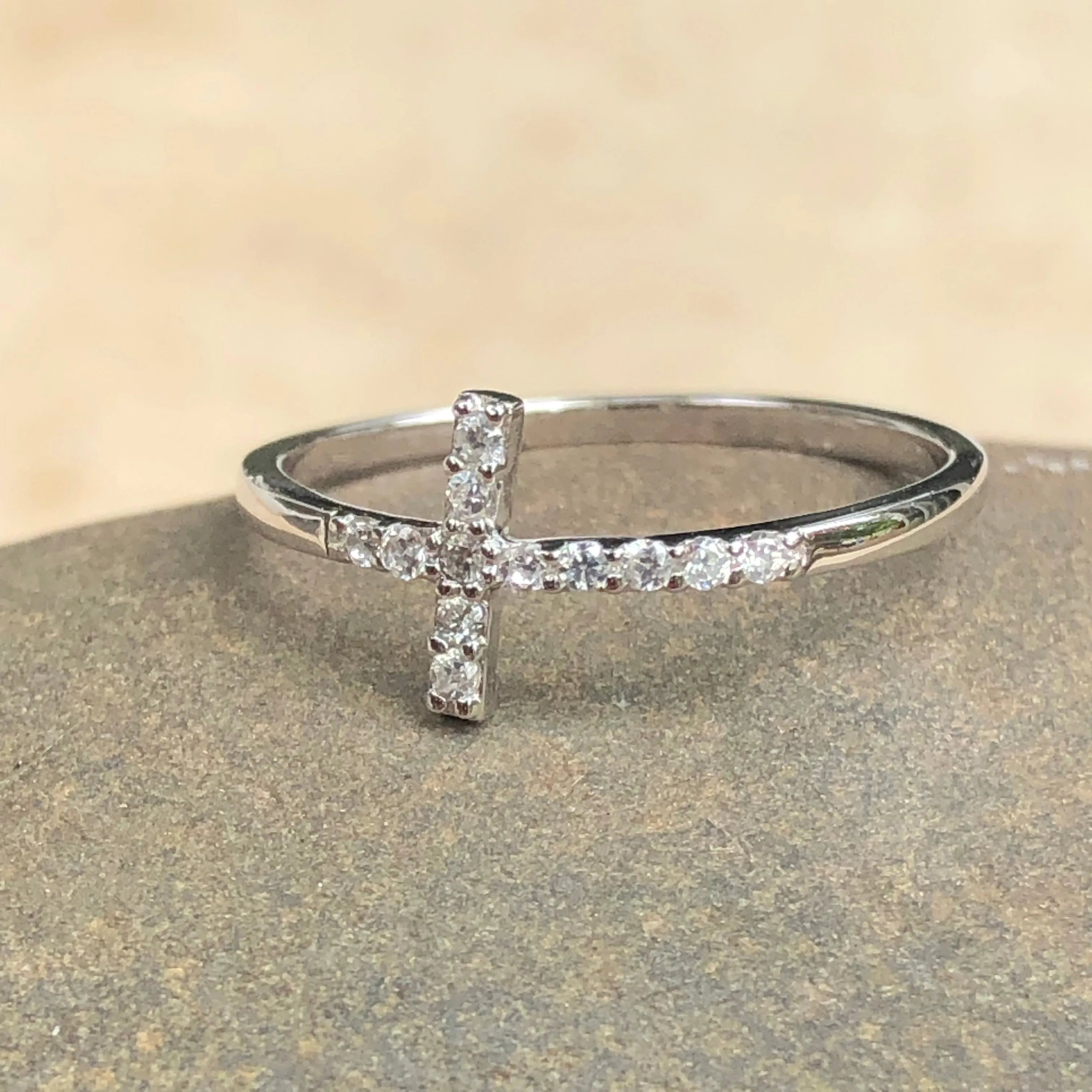 Sterling Silver   CZ Horizontal Cross Ring