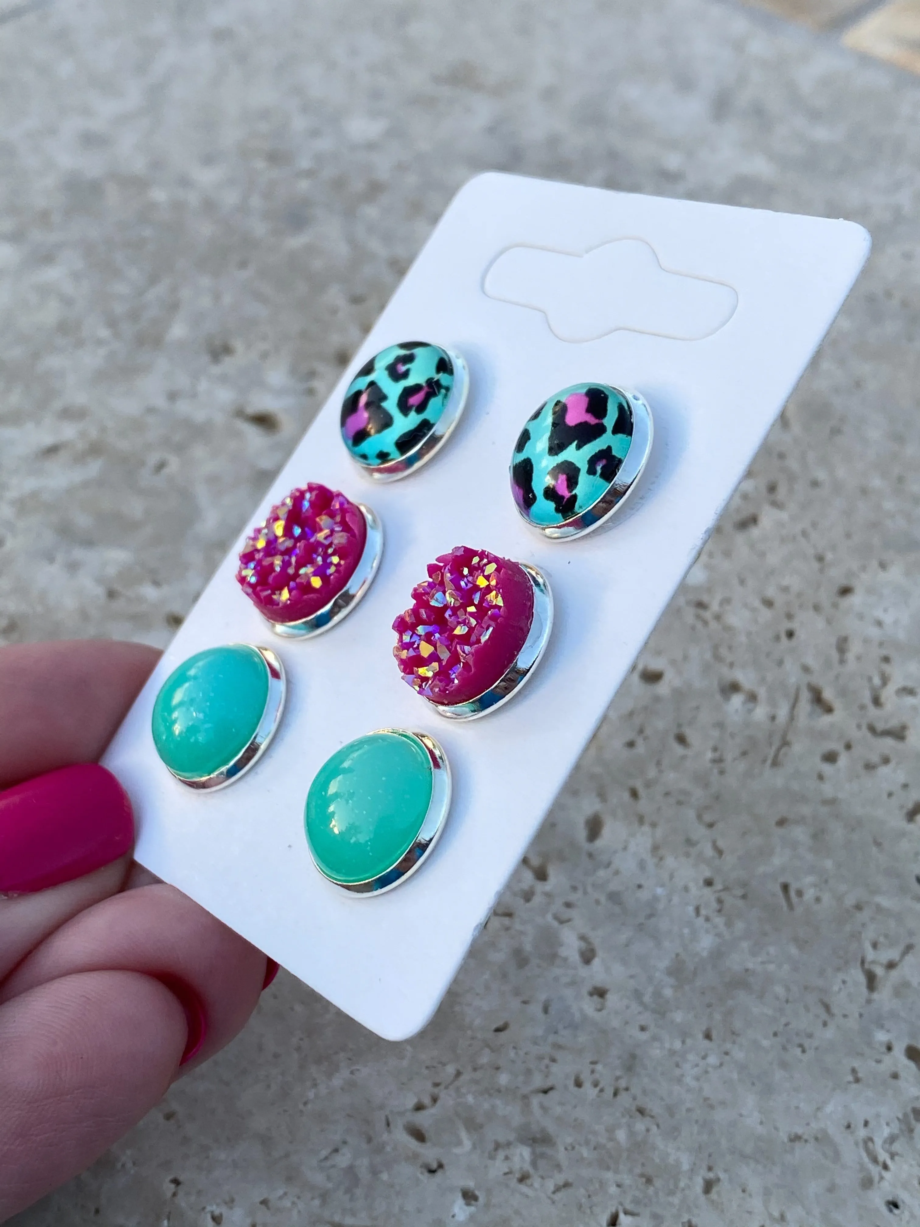 Teal & Pink Leopard, Hot Pink, & Teal Druzy Stud Earrings Set
