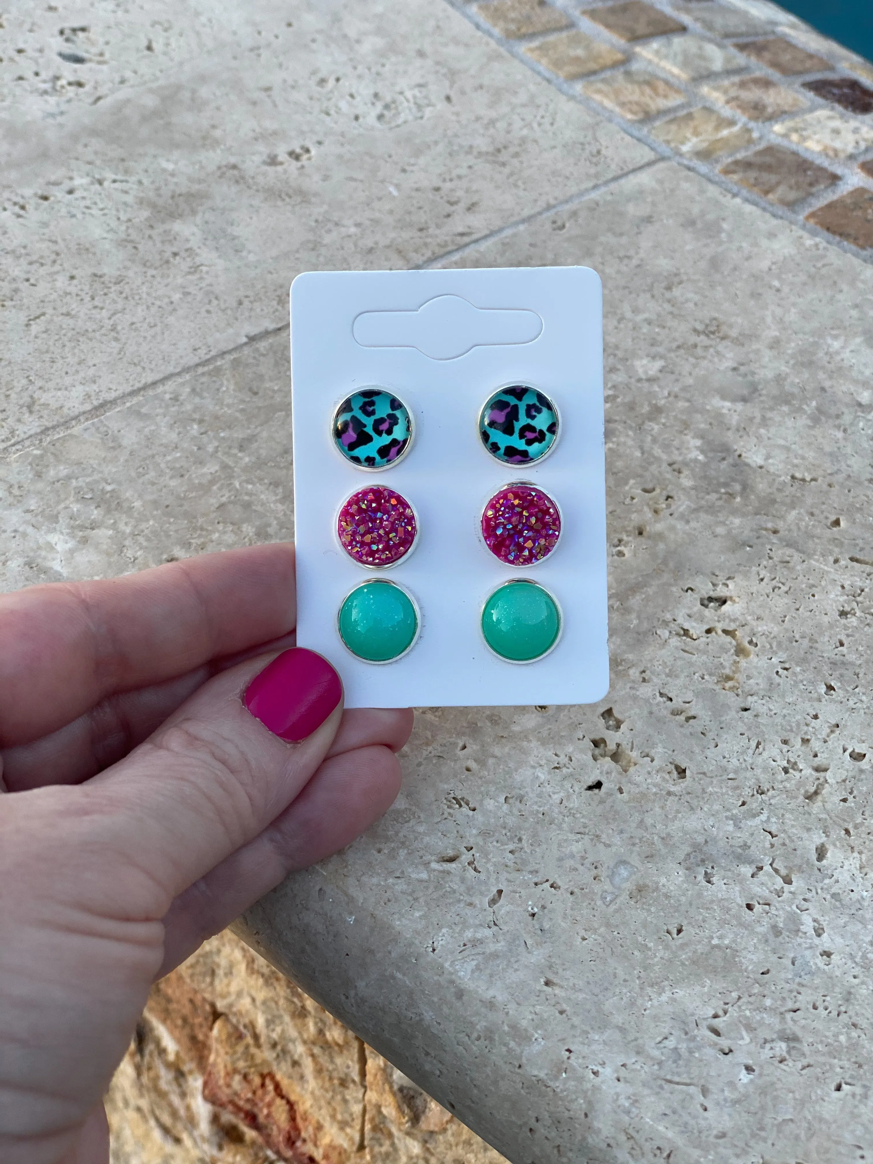 Teal & Pink Leopard, Hot Pink, & Teal Druzy Stud Earrings Set