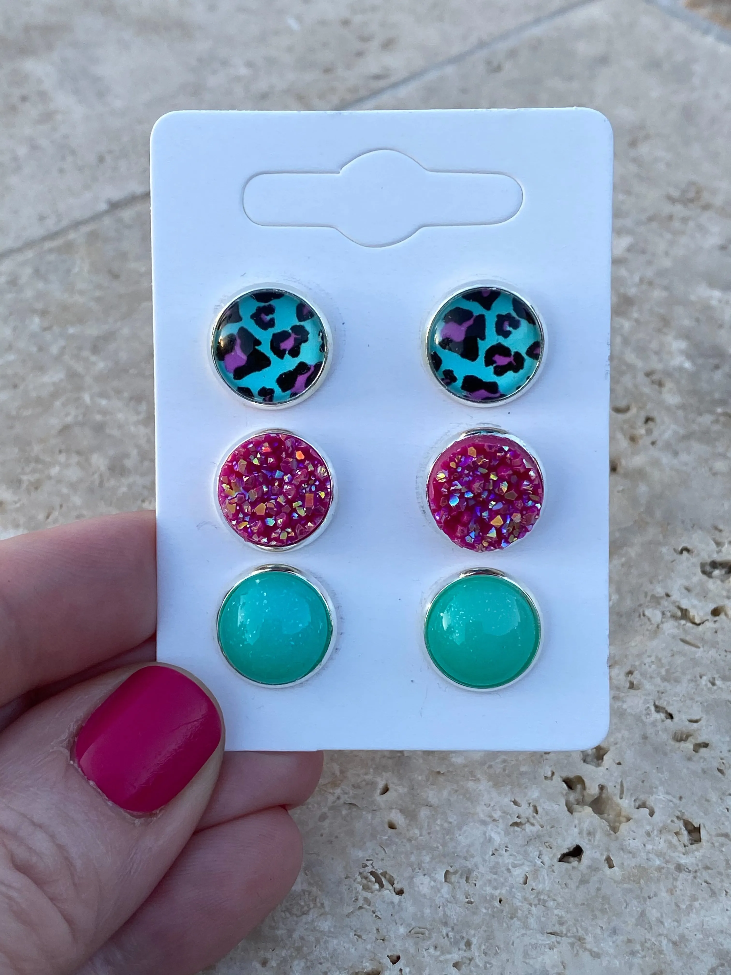 Teal & Pink Leopard, Hot Pink, & Teal Druzy Stud Earrings Set