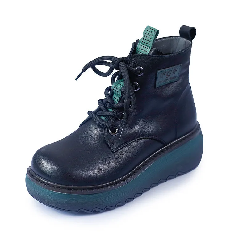 Thick Sole Leather Martin Boots Round Toe Wear Resistant Women's Shoes