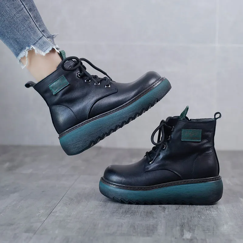 Thick Sole Leather Martin Boots Round Toe Wear Resistant Women's Shoes