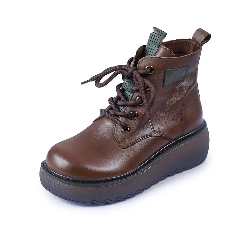 Thick Sole Leather Martin Boots Round Toe Wear Resistant Women's Shoes