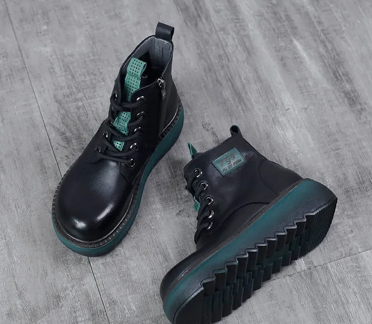 Thick Sole Leather Martin Boots Round Toe Wear Resistant Women's Shoes