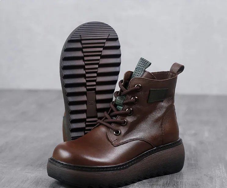 Thick Sole Leather Martin Boots Round Toe Wear Resistant Women's Shoes