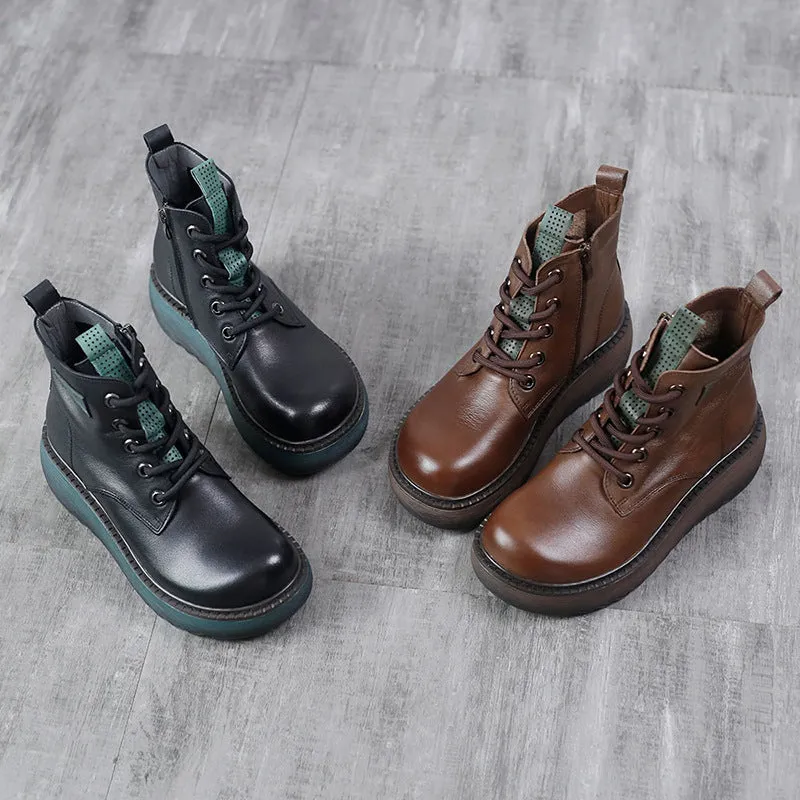 Thick Sole Leather Martin Boots Round Toe Wear Resistant Women's Shoes