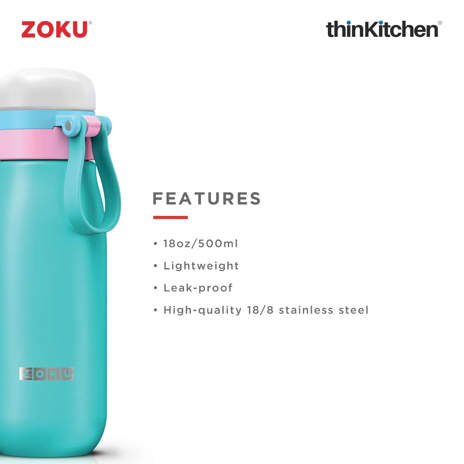 thinKitchen™ Zoku Ultralight Stainless Steel Bottle, Teal, 500ml