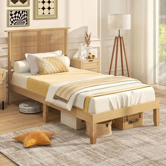 Twin/Full/Queen Size Bed Frame with Rattan Headboard-Twin Size - Color: Natural