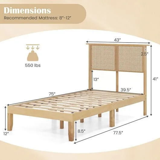 Twin/Full/Queen Size Bed Frame with Rattan Headboard-Twin Size - Color: Natural