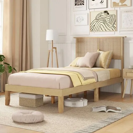 Twin/Full/Queen Size Bed Frame with Rattan Headboard-Twin Size - Color: Natural