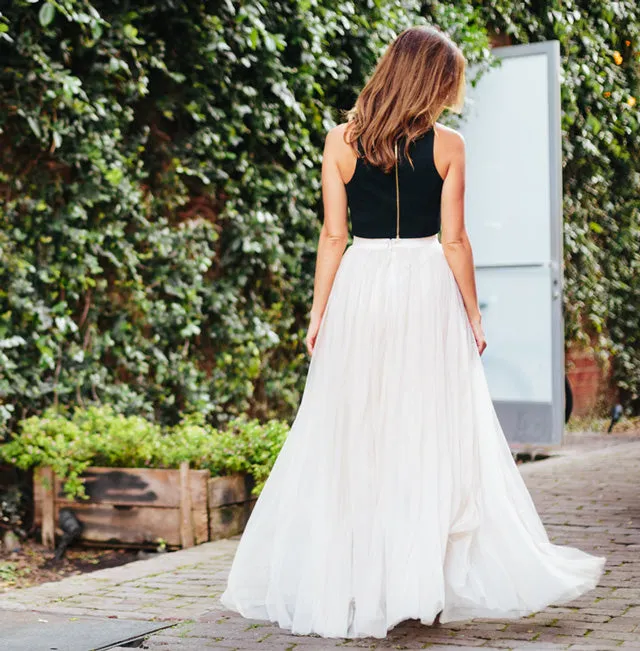 Two Pieces Prom Evening Dress Ivory Tulle Skirt Crop Top Outfit Two Pieces Wedding Dress Maxi Tulle Skirt Bridesmaid Dress Custom Made Dress Online