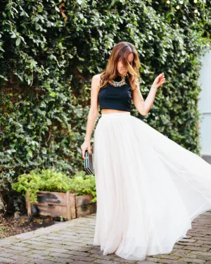 Two Pieces Prom Evening Dress Ivory Tulle Skirt Crop Top Outfit Two Pieces Wedding Dress Maxi Tulle Skirt Bridesmaid Dress Custom Made Dress Online