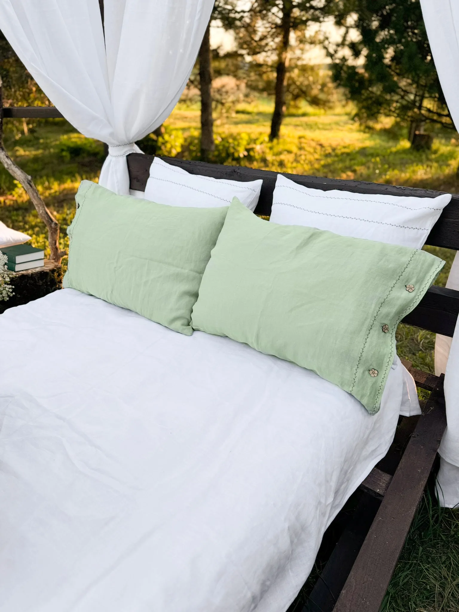 US size bedding set with Black Embroidery. Light colors options. Top closure for bed sheets