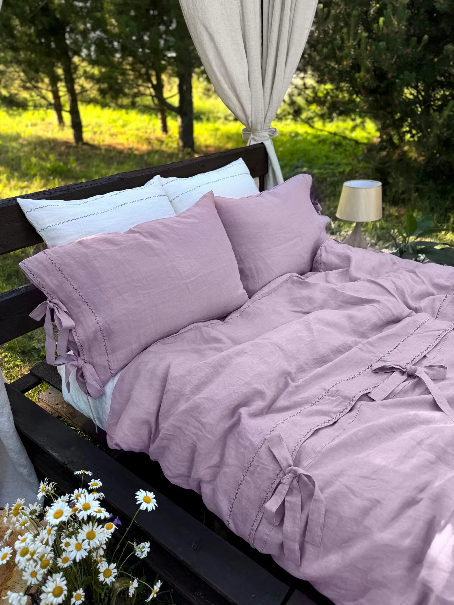 US size bedding set with Black Embroidery. Light colors options. Top closure for bed sheets