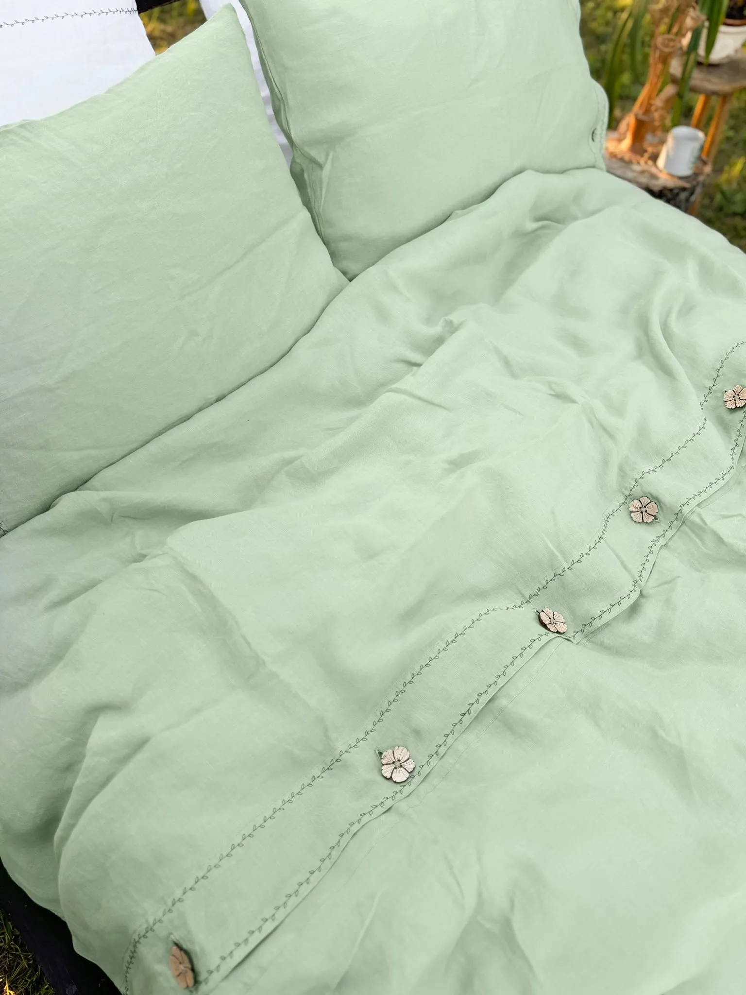US size bedding set with Black Embroidery. Light colors options. Top closure for bed sheets