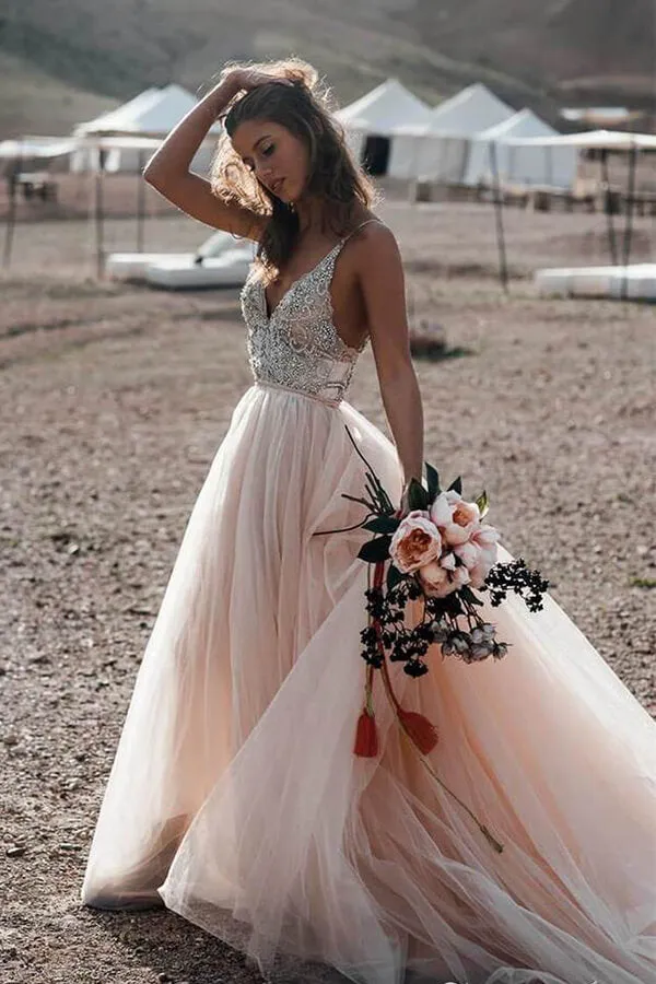 V- Neck Beaded A Line Beach Wedding Dress, Tulle Long Prom Dress, SW177