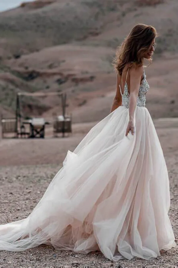 V- Neck Beaded A Line Beach Wedding Dress, Tulle Long Prom Dress, SW177