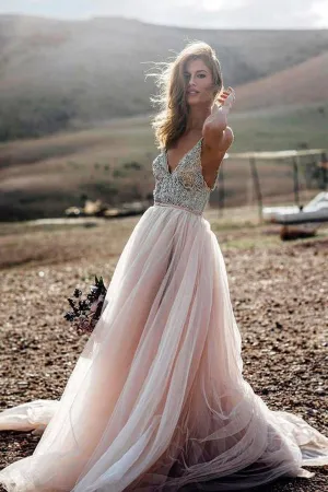 V- Neck Beaded A Line Beach Wedding Dress, Tulle Long Prom Dress, SW177