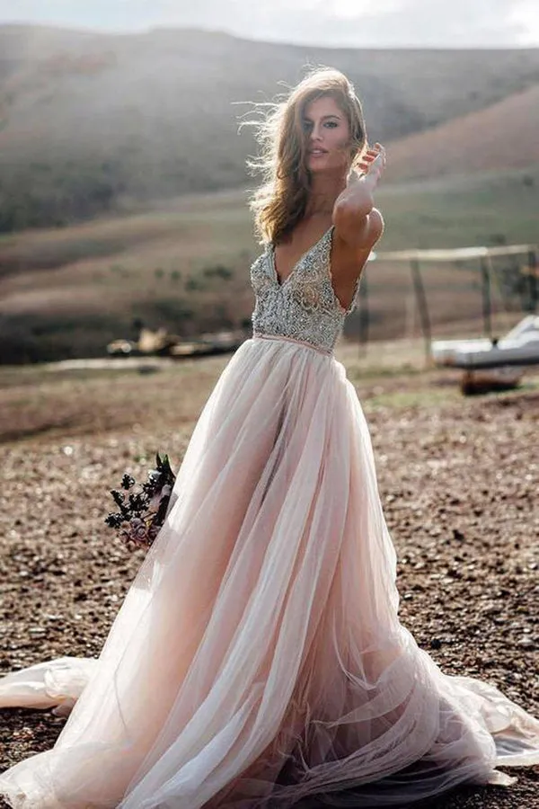 V- Neck Beaded A Line Beach Wedding Dress, Tulle Long Prom Dress, SW177
