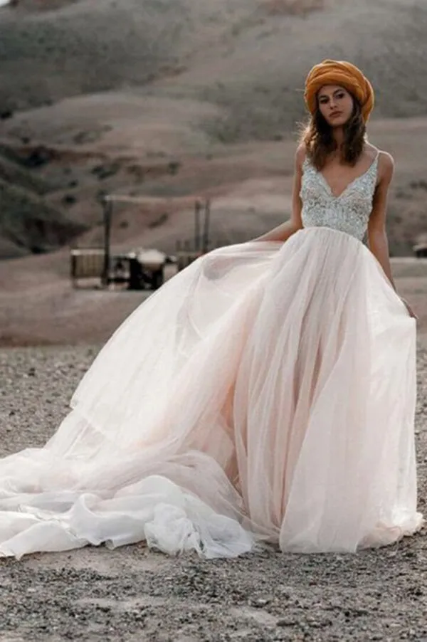 V- Neck Beaded A Line Beach Wedding Dress, Tulle Long Prom Dress, SW177