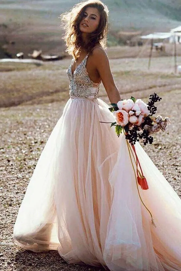 V- Neck Beaded A Line Beach Wedding Dress, Tulle Long Prom Dress, SW177