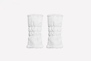warmth white reversible puffer fabric & faux fur leg warmers