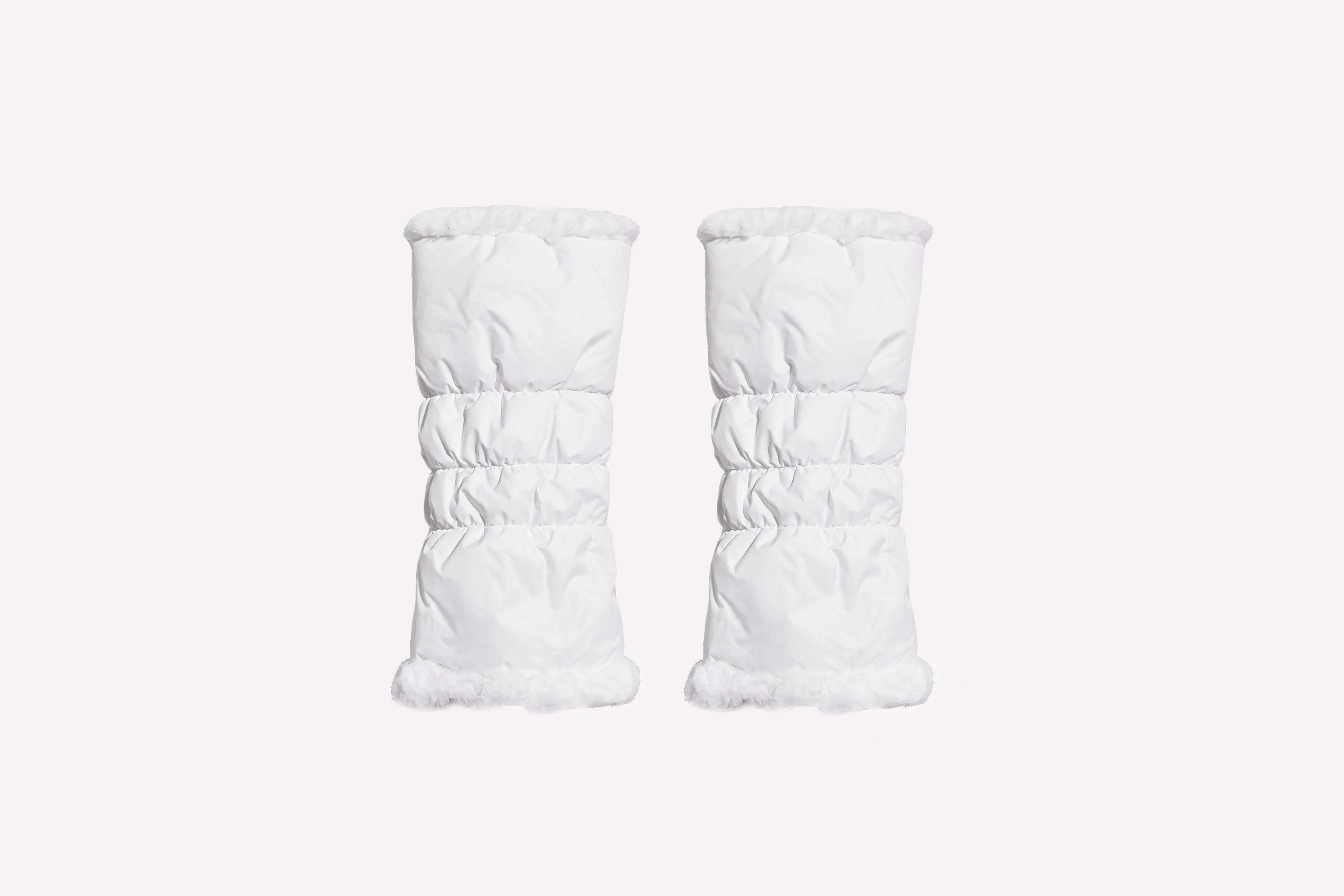 warmth white reversible puffer fabric & faux fur leg warmers