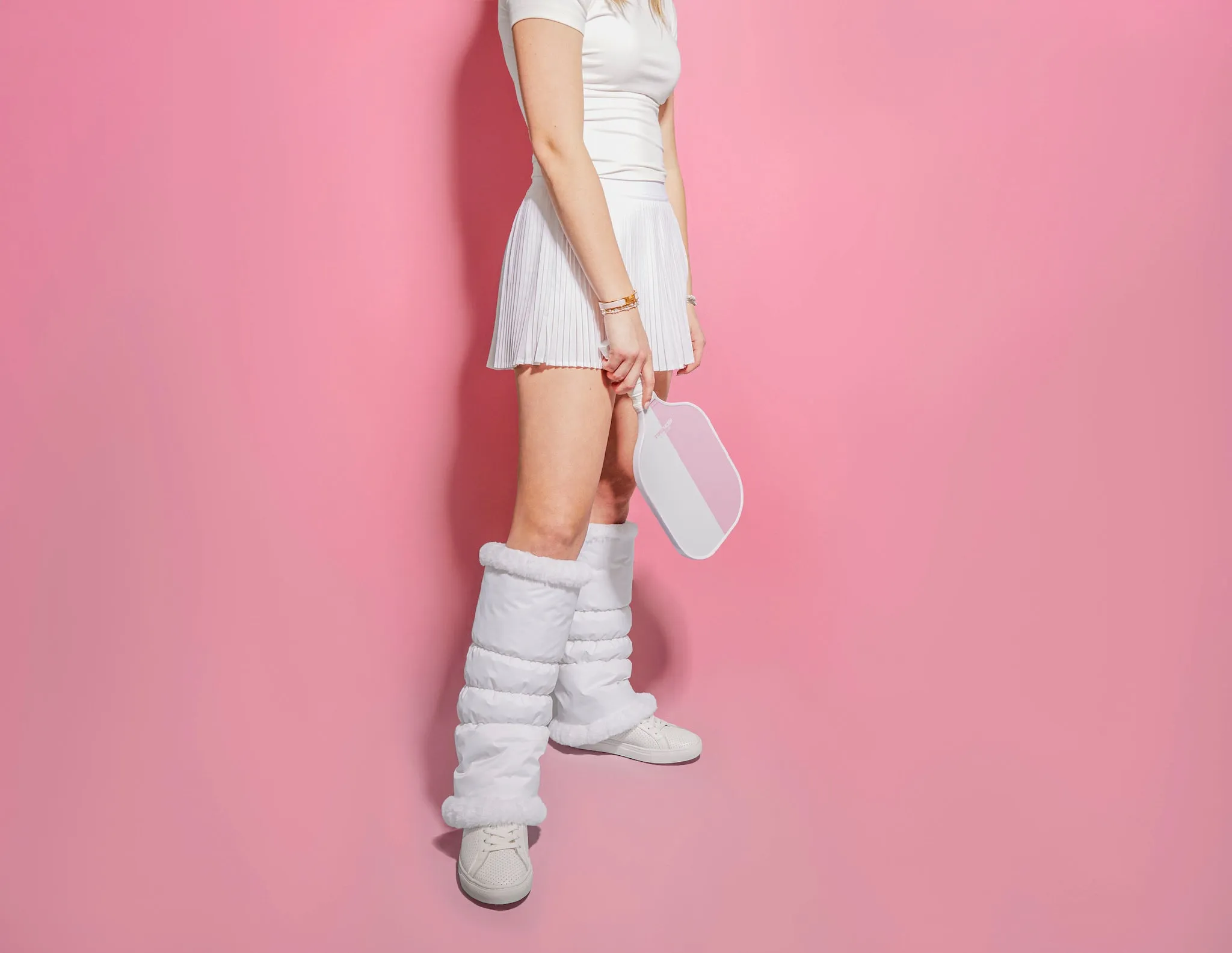 warmth white reversible puffer fabric & faux fur leg warmers