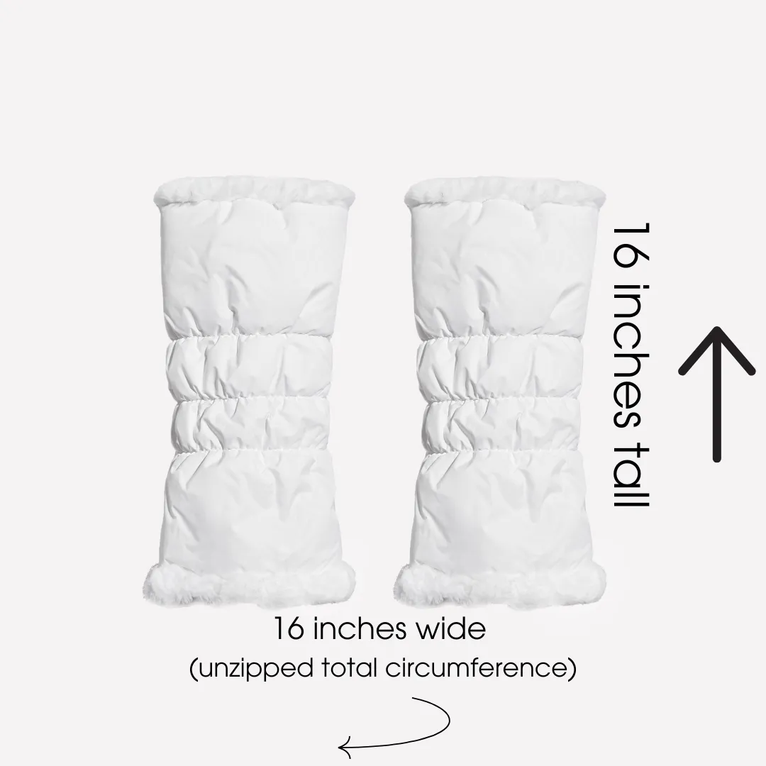 warmth white reversible puffer fabric & faux fur leg warmers