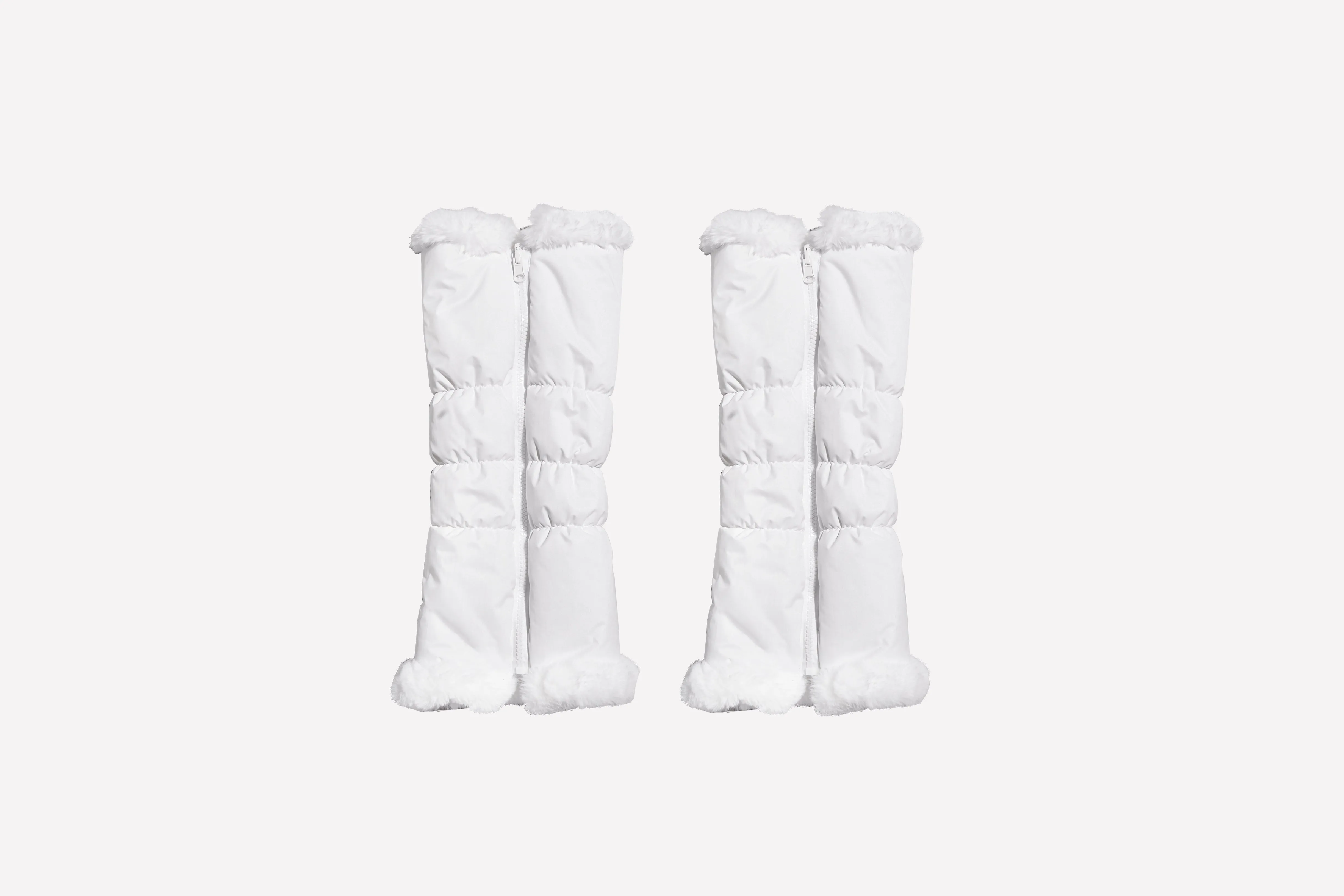 warmth white reversible puffer fabric & faux fur leg warmers