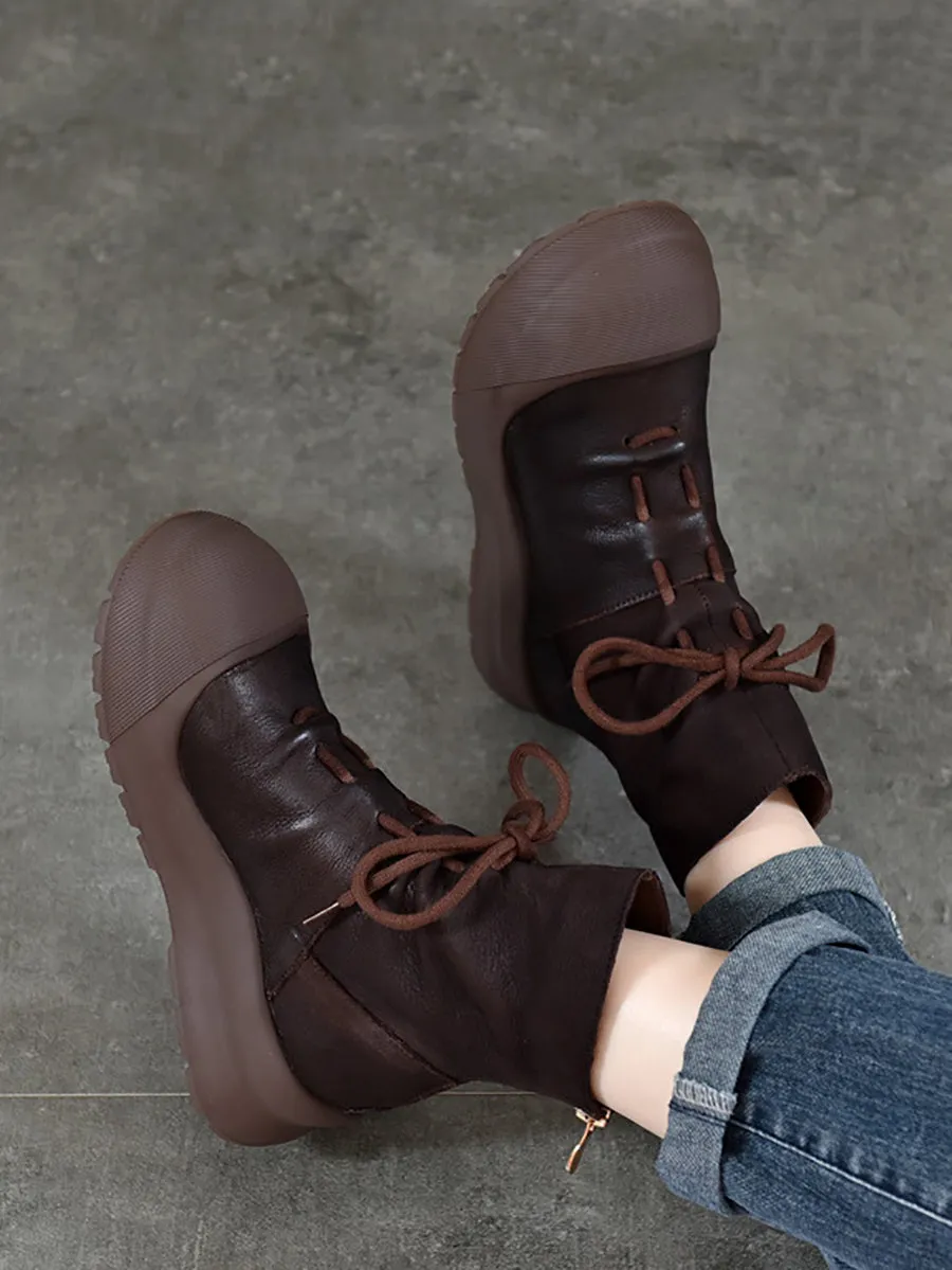 Women Genuine Leather Mid-Heel Martin Boots